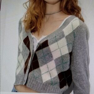 NWT Dark Academia Women Preppy Argyle Shrunken Crop Button Down Cardigan XL